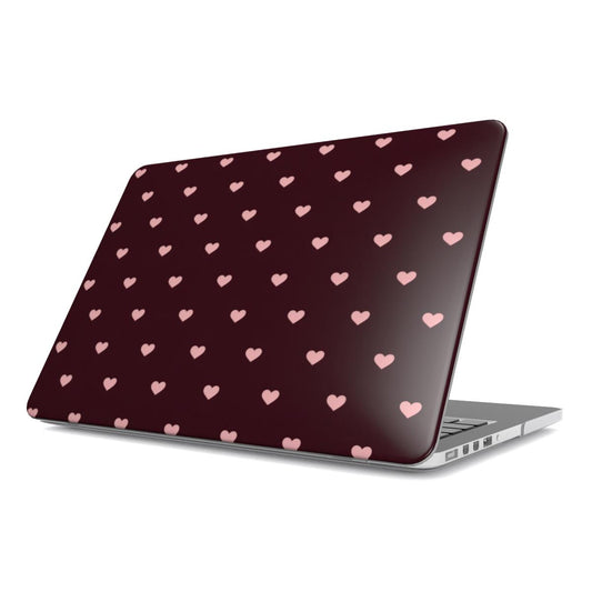 Pink Hearts MacBook case — hard-shell laptop cover, angled lid view
