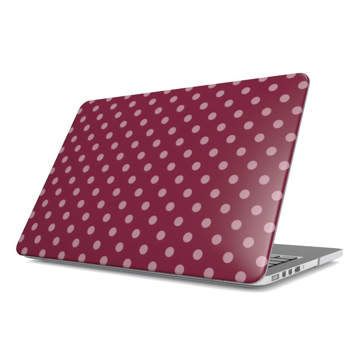 Wine Polka Dot MacBook case — hard-shell laptop cover, angled lid view