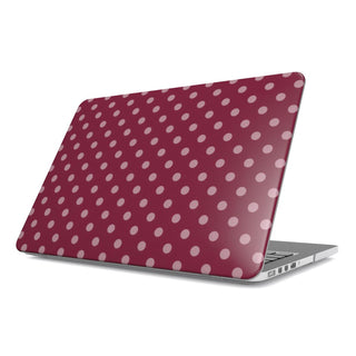 Wine Polka Dot MacBook case — hard-shell laptop cover, angled lid view