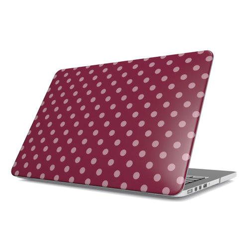 Wine Polka Dot MacBook case — hard-shell laptop cover, angled lid view