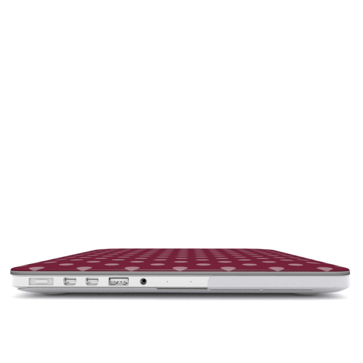 Wine Polka Dot MacBook case — hard-shell laptop cover, side view with ports