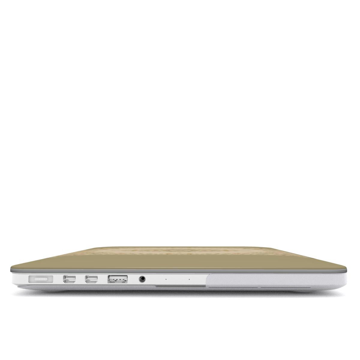 Antique Book Cover MacBook case — hard-shell laptop cover, side view with ports