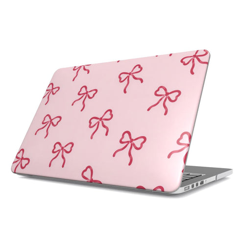 Red Bows MacBook case — hard-shell laptop cover, angled lid view