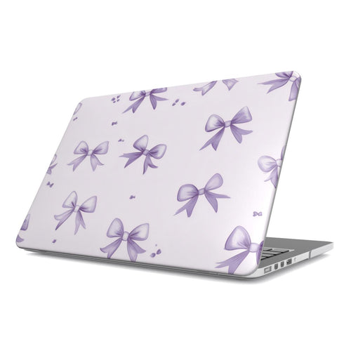 Lilac Bow MacBook case — hard-shell laptop cover, angled lid view