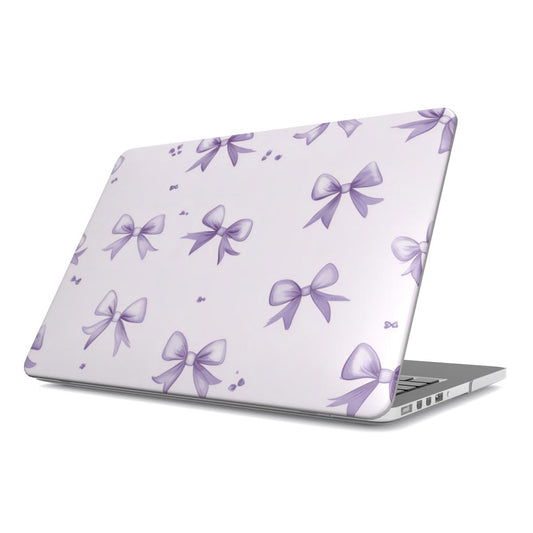 Lilac Bow MacBook case — hard-shell laptop cover, angled lid view