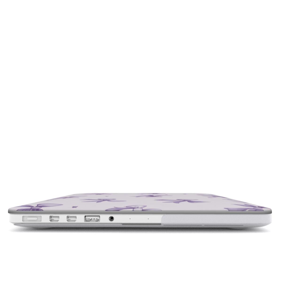 Lilac Bow MacBook case — hard-shell laptop cover, side view with ports