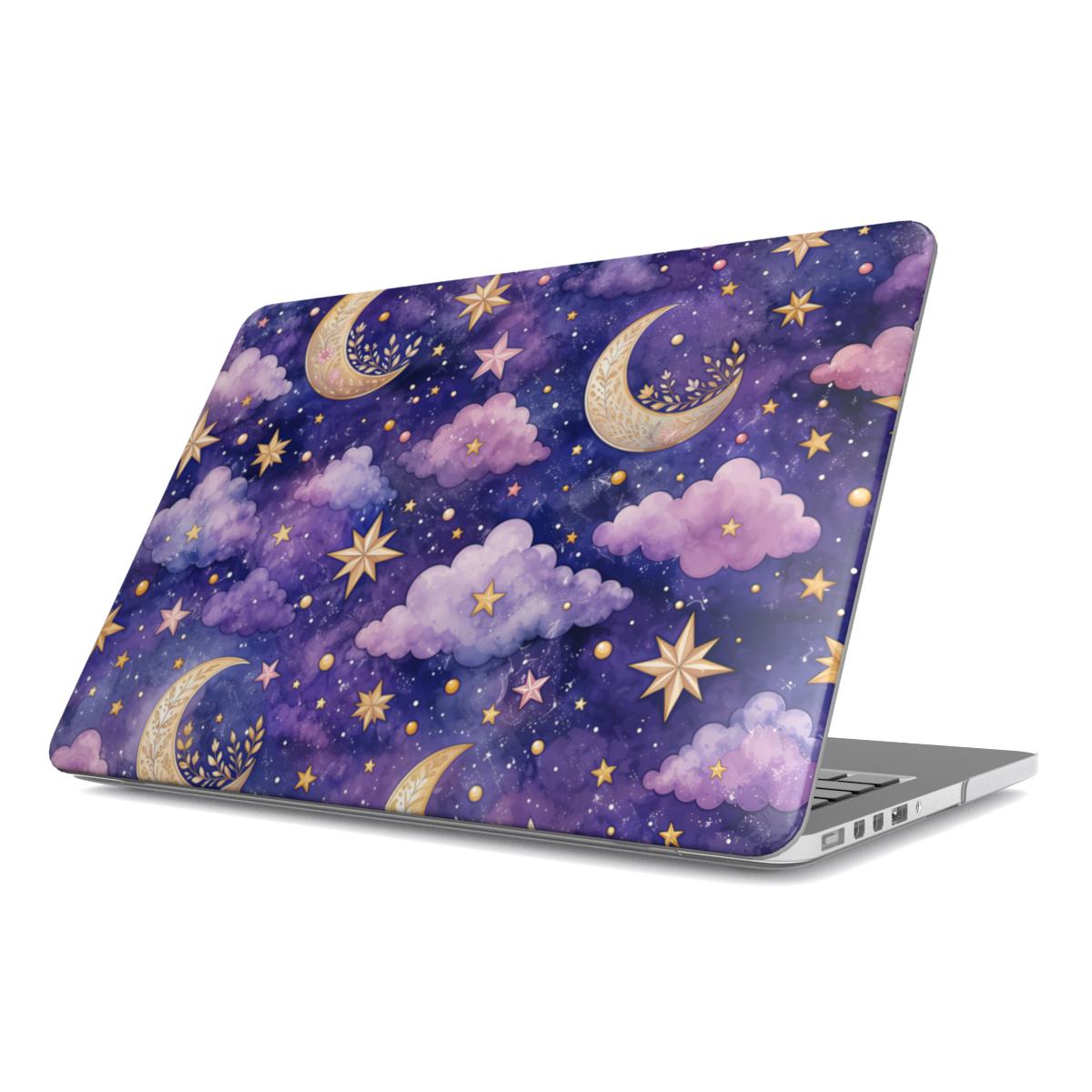 Celestial Moons MacBook case — hard-shell laptop cover, angled lid view