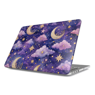 Celestial Moons MacBook case — hard-shell laptop cover, angled lid view
