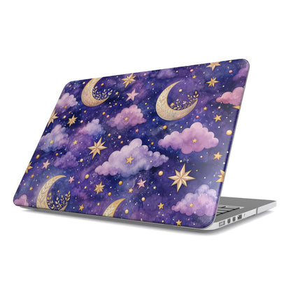 Celestial Moons MacBook case — hard-shell laptop cover, angled lid view