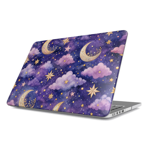 Celestial Moons MacBook case — hard-shell laptop cover, angled lid view