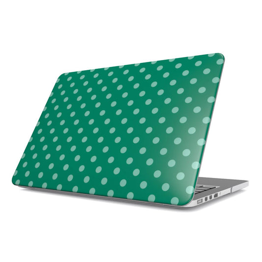 Emerald Polka Dot MacBook case — hard-shell laptop cover, angled lid view