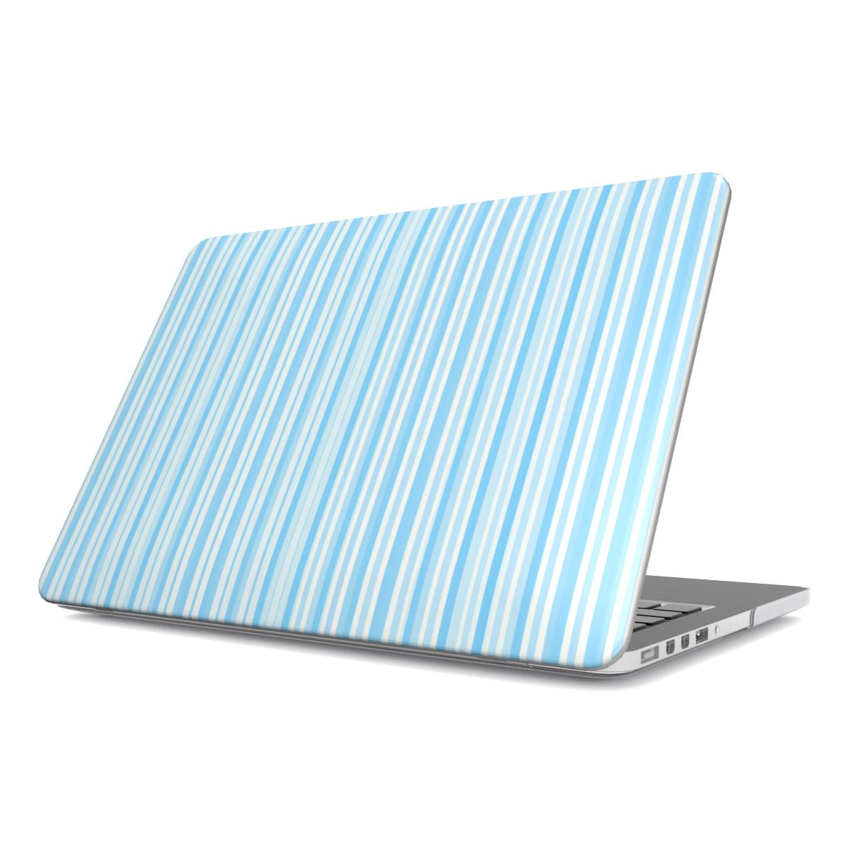 Blue Ticking Stripe MacBook case — hard-shell laptop cover, angled lid view