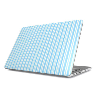 Blue Ticking Stripe MacBook case — hard-shell laptop cover, angled lid view