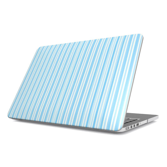Blue Ticking Stripe MacBook case — hard-shell laptop cover, angled lid view