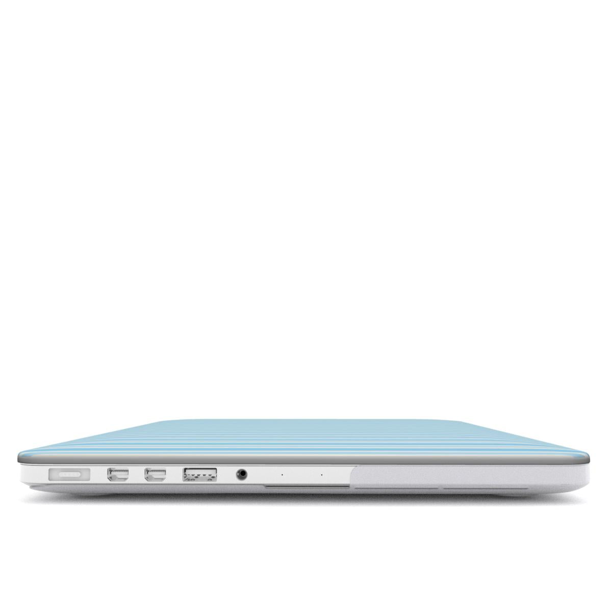 Blue Ticking Stripe MacBook case — hard-shell laptop cover, side view with ports