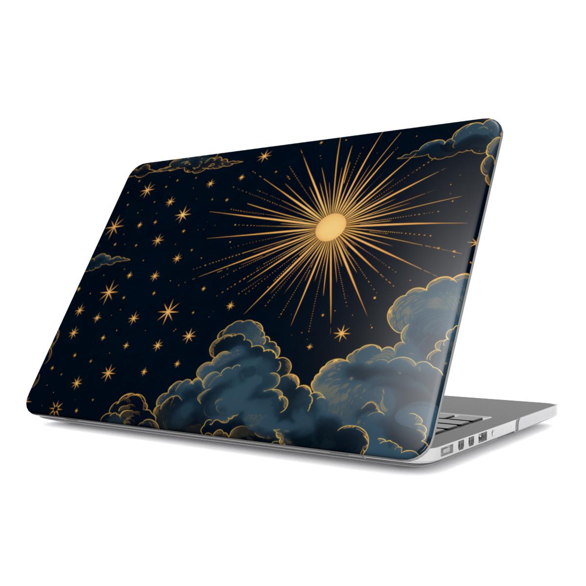 Vintage Celestial Sun MacBook case — hard-shell laptop cover, angled lid view