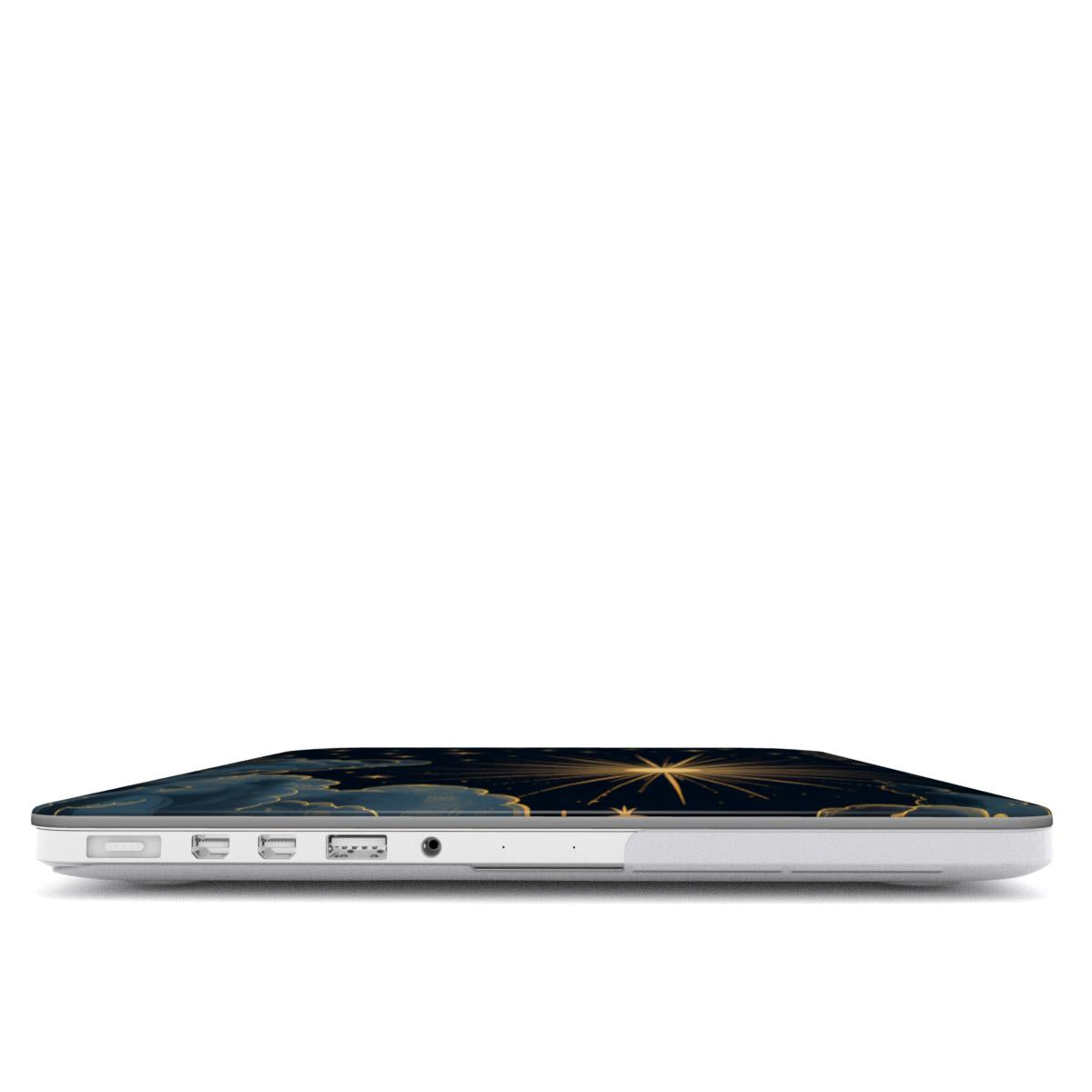 Vintage Celestial Sun MacBook case — hard-shell laptop cover, side view with ports