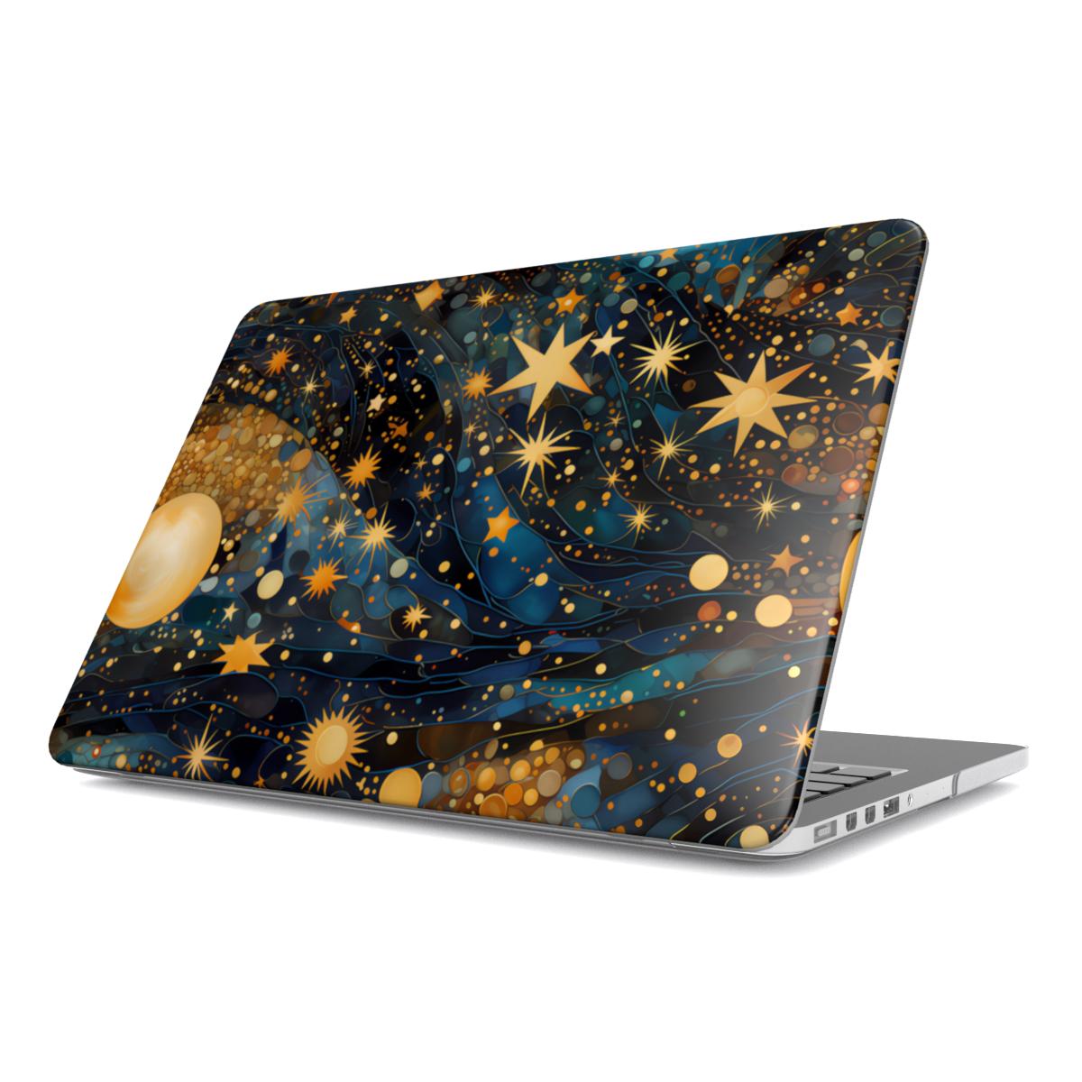 Gilded Cosmos MacBook case — hard-shell laptop cover, angled lid view