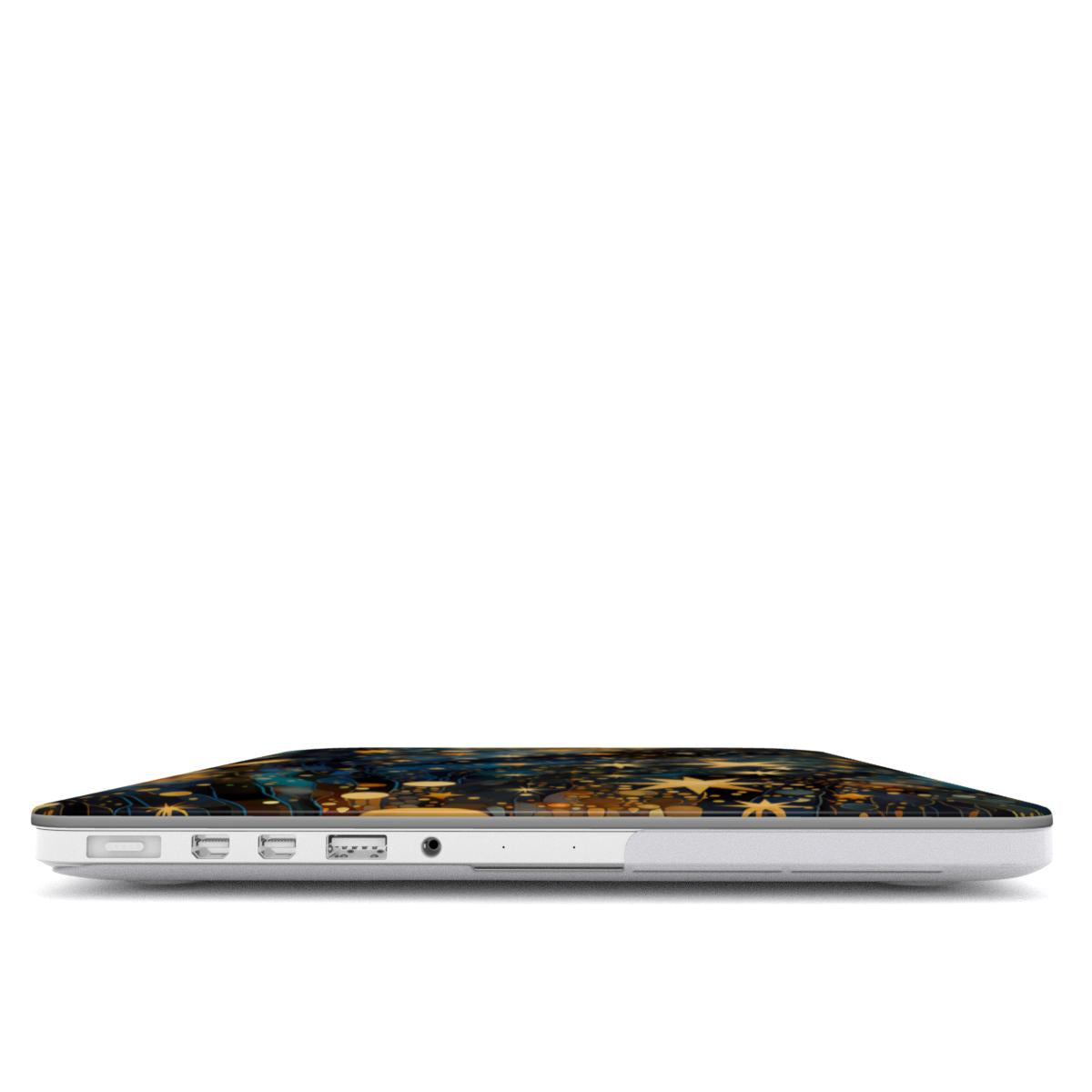 Gilded Cosmos MacBook case — hard-shell laptop cover, side view with ports
