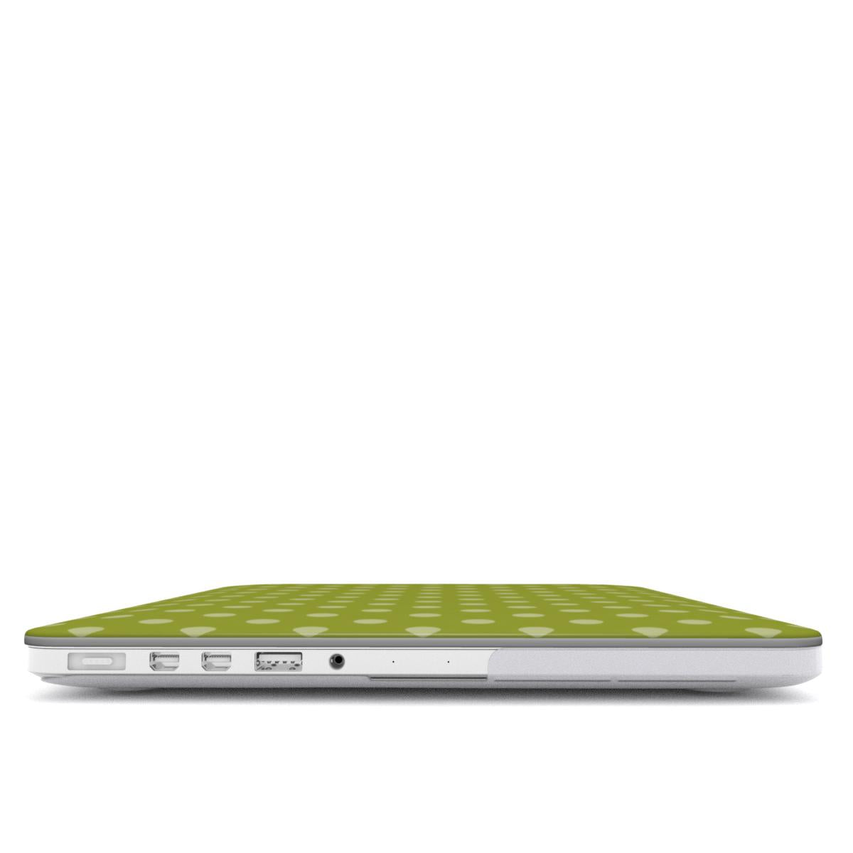 Olive Polka Dot MacBook case — hard-shell laptop cover, side view with ports
