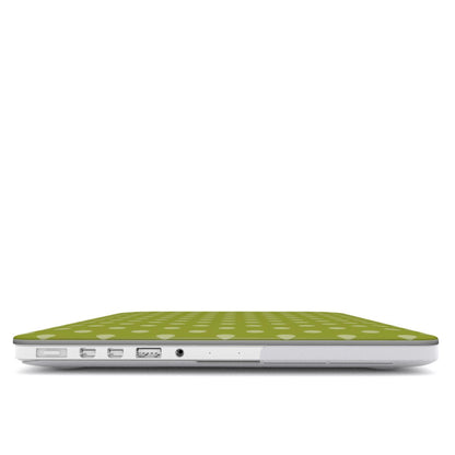 Olive Polka Dot MacBook case — hard-shell laptop cover, side view with ports