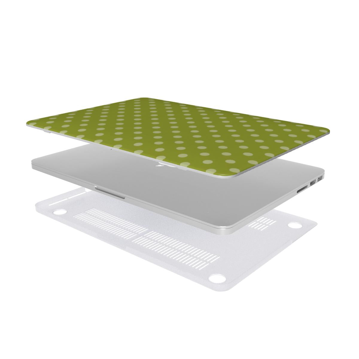 Olive Polka Dot MacBook case — hard-shell laptop cover, two-piece shell view