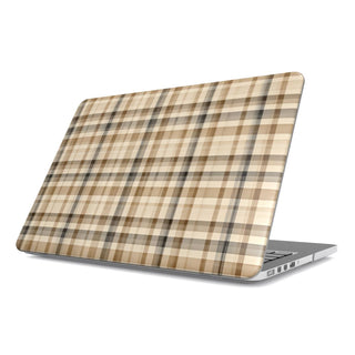 Neutral Tartan MacBook case — hard-shell laptop cover, angled lid view