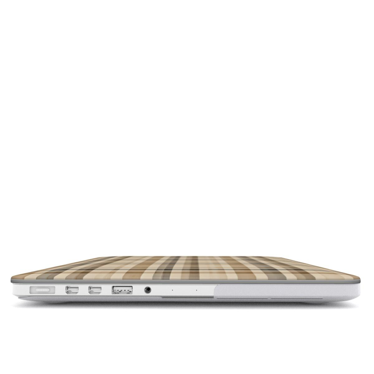 Neutral Tartan MacBook case — hard-shell laptop cover, side view with ports