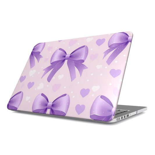 Lilac Bows & Hearts MacBook case — hard-shell laptop cover, angled lid view