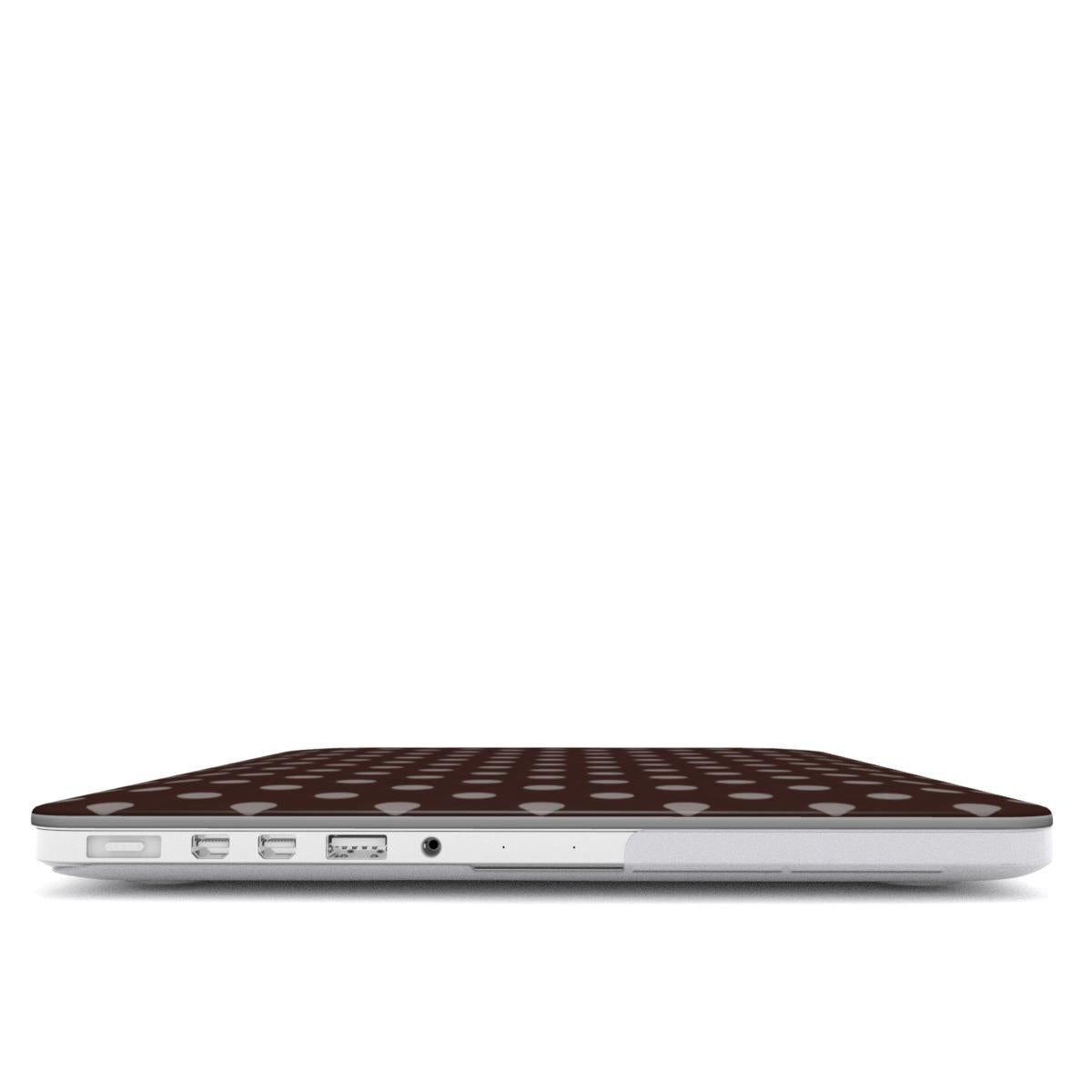 Chocolate Polka Dot MacBook case — hard-shell laptop cover, side view with ports