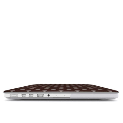 Chocolate Polka Dot MacBook case — hard-shell laptop cover, side view with ports