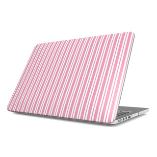 Pink Candy Stripe MacBook case — hard-shell laptop cover, angled lid view
