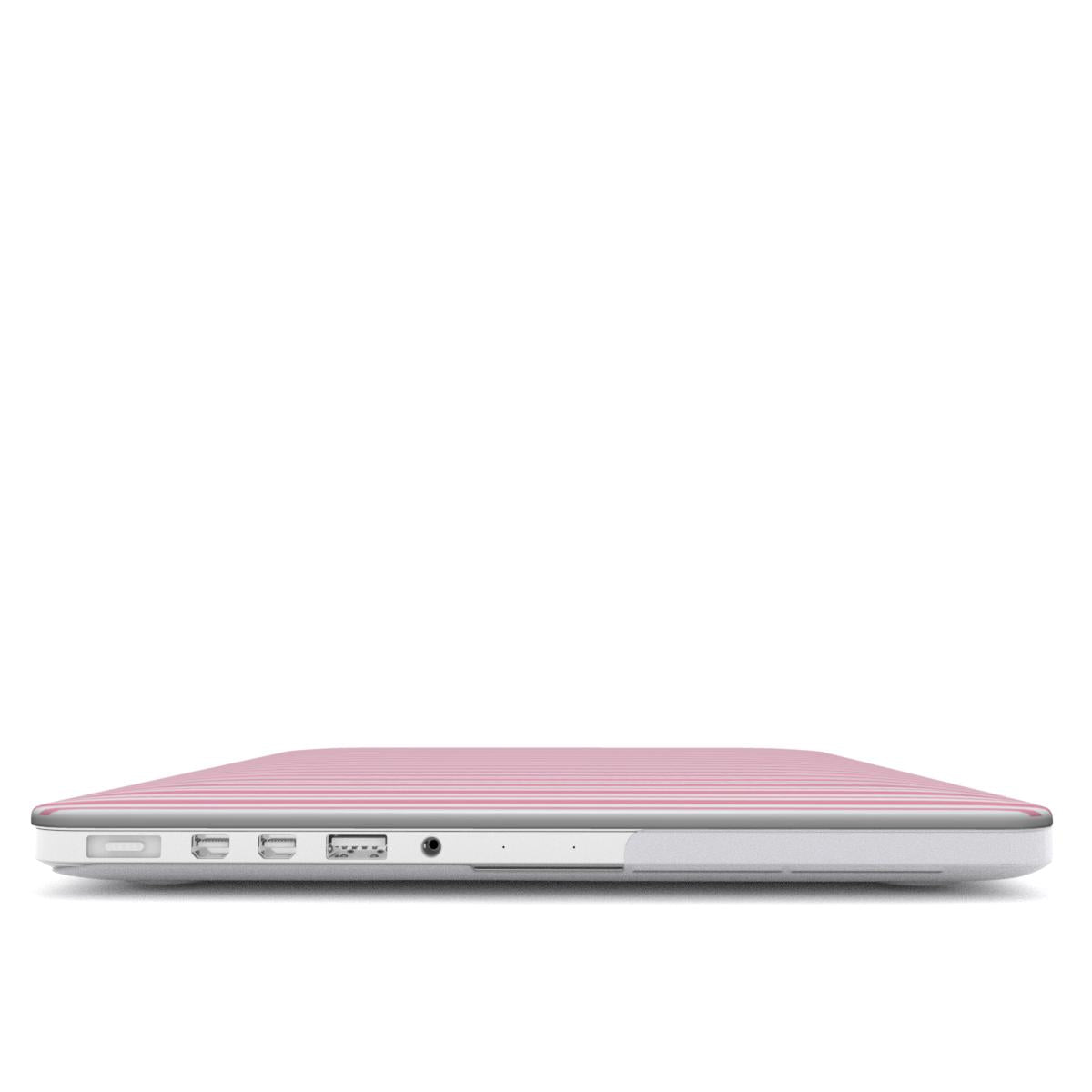 Pink Candy Stripe MacBook case — hard-shell laptop cover, side view with ports