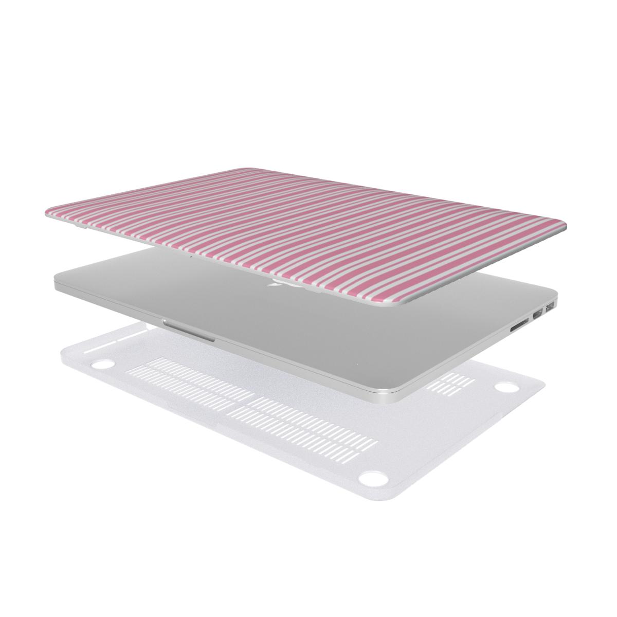 Pink Candy Stripe MacBook case — hard-shell laptop cover, two-piece shell view