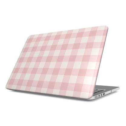 Pink Cottage Gingham MacBook case — hard-shell laptop cover, angled lid view