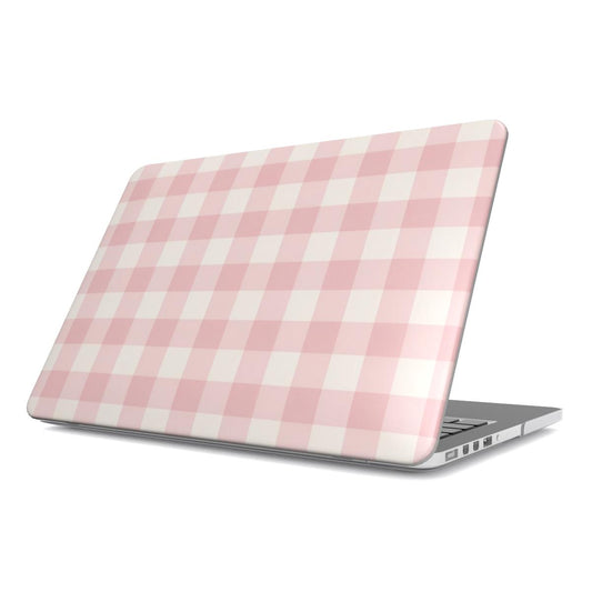 Pink Cottage Gingham MacBook case — hard-shell laptop cover, angled lid view