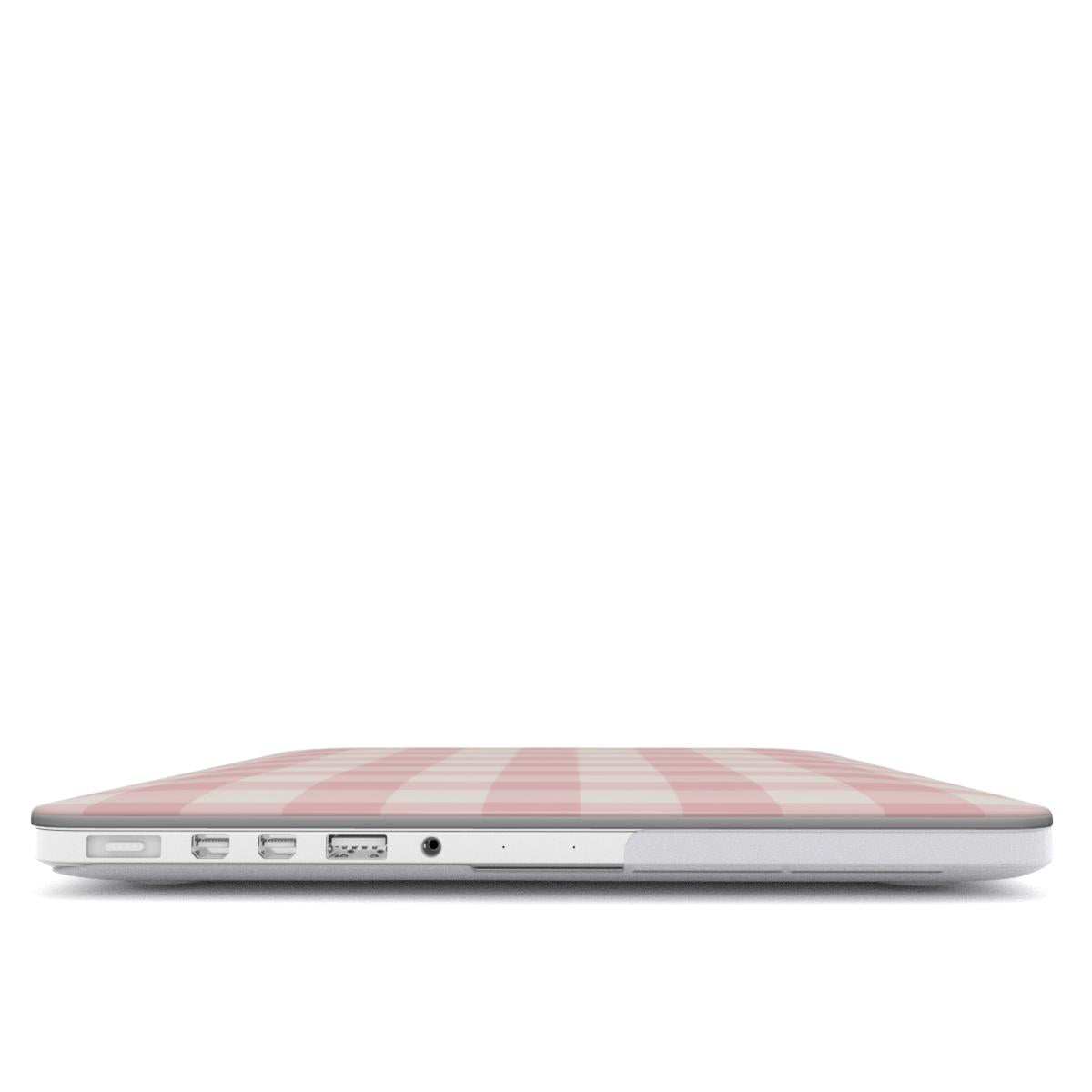 Pink Cottage Gingham MacBook case — hard-shell laptop cover, side view with ports