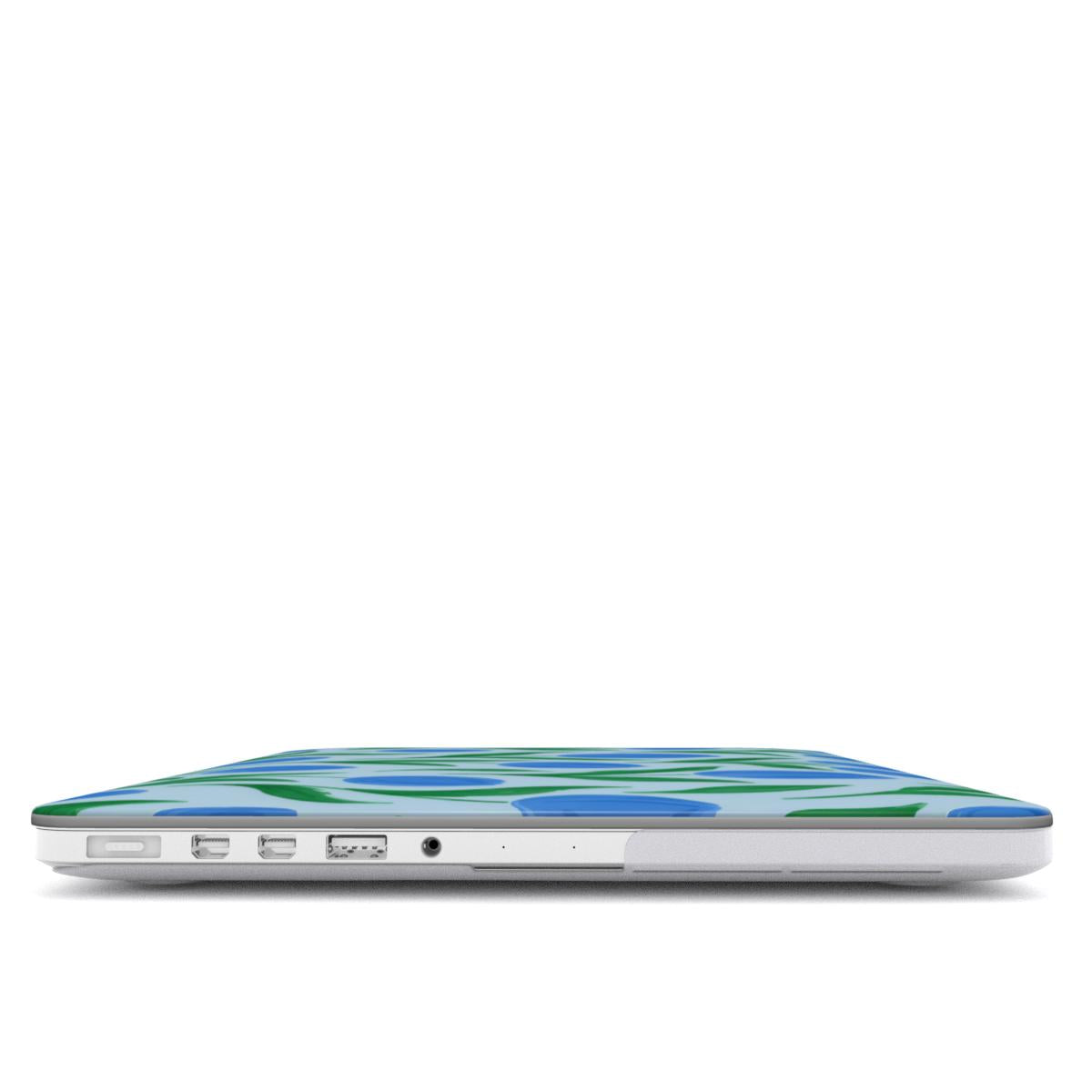 Painted Tulip MacBook case — hard-shell laptop cover, side view with ports