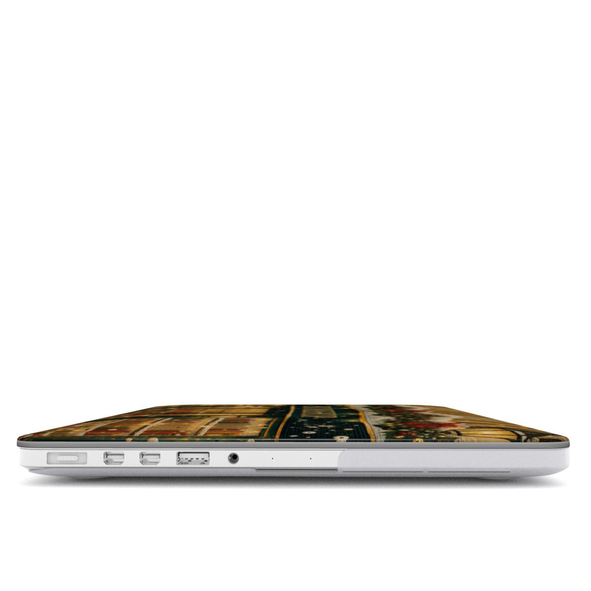 Christmas Bookshop MacBook case — hard-shell laptop cover, side view with ports