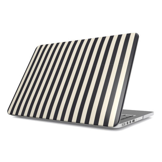 Black & Cream Stripe MacBook case — hard-shell laptop cover, angled lid view