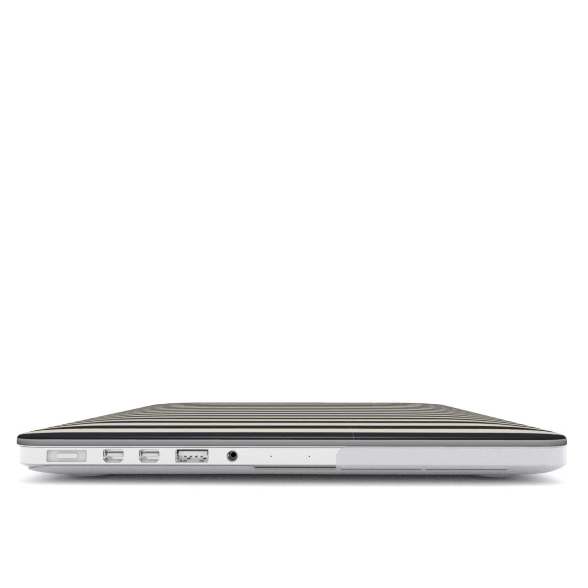 Black & Cream Stripe MacBook case — hard-shell laptop cover, side view with ports