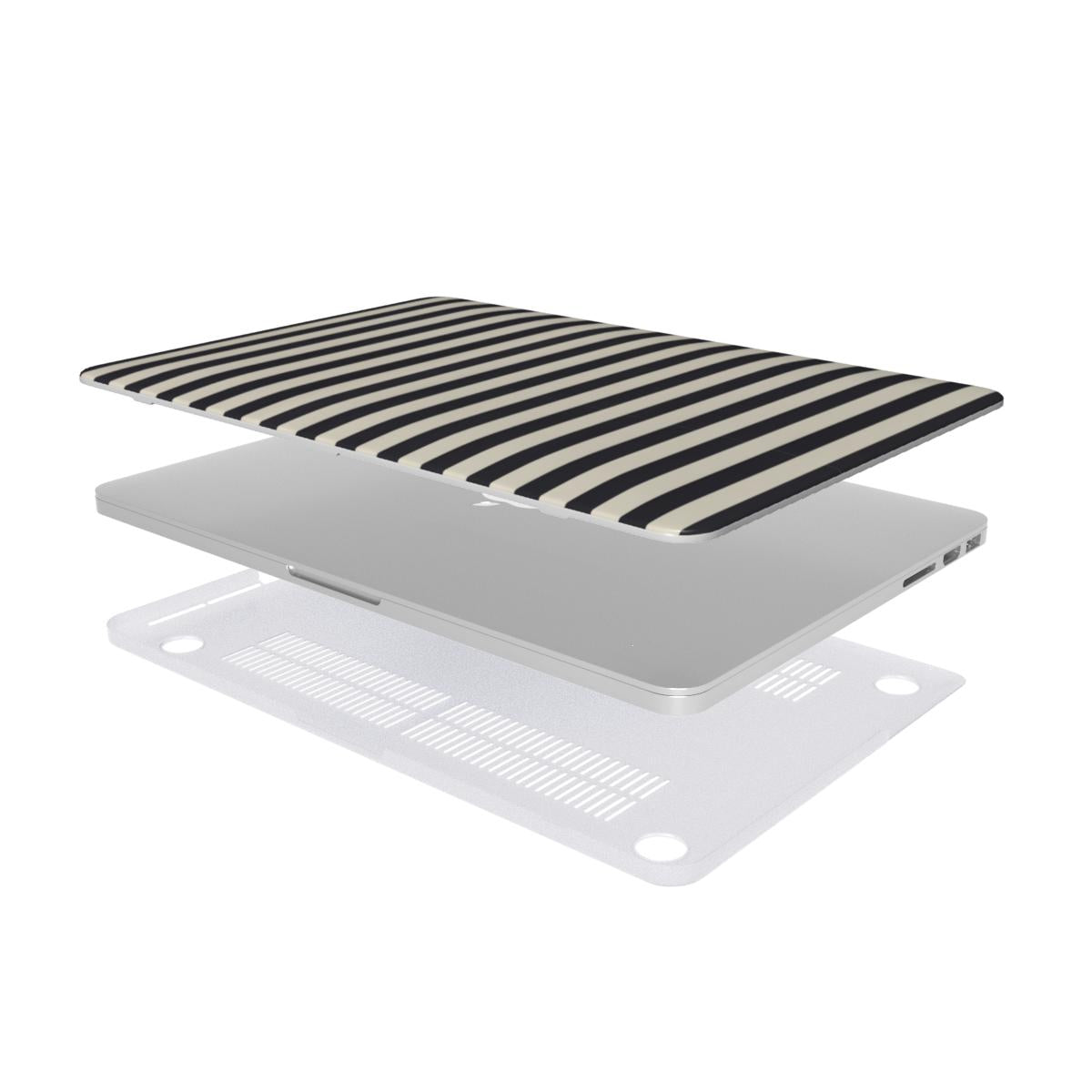 Black & Cream Stripe MacBook case — hard-shell laptop cover, two-piece shell view