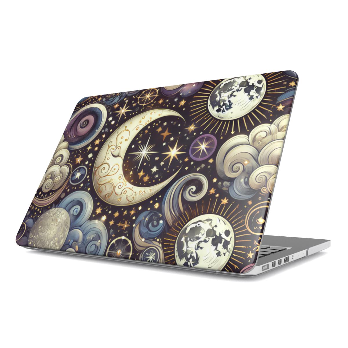 Ornate Crescent Moon MacBook case — hard-shell laptop cover, angled lid view