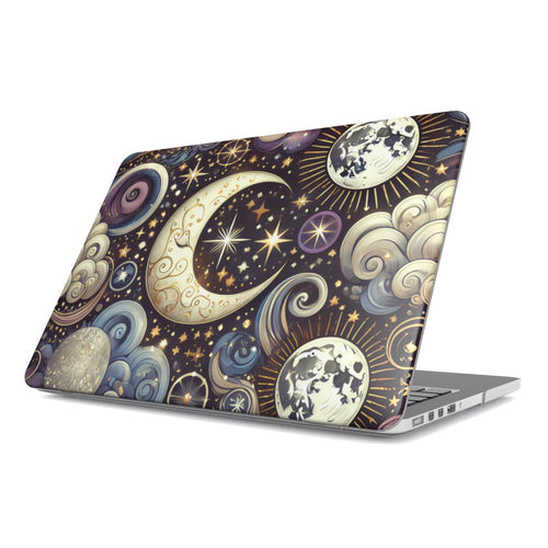 Ornate Crescent Moon MacBook case — hard-shell laptop cover, angled lid view