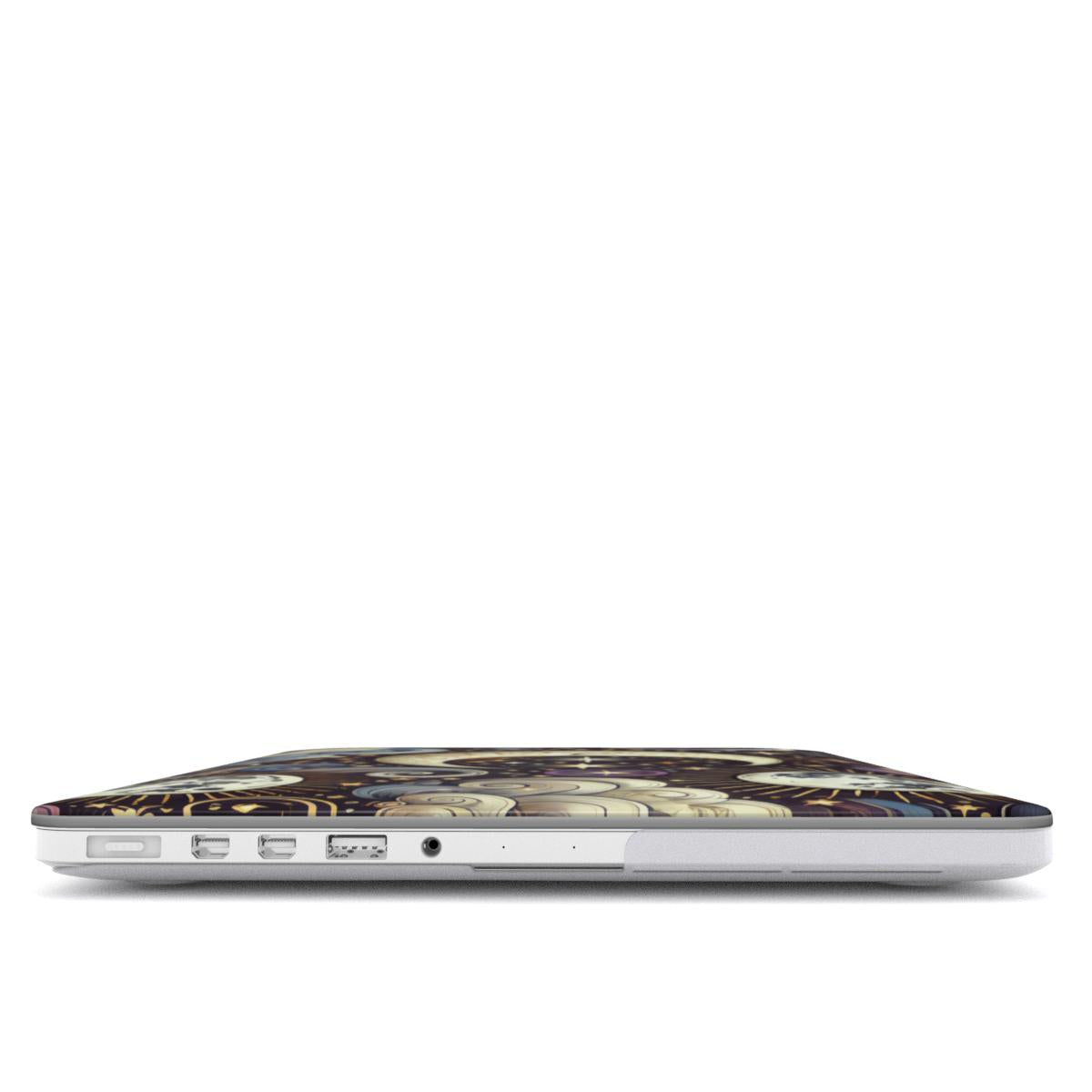 Ornate Crescent Moon MacBook case — hard-shell laptop cover, side view with ports