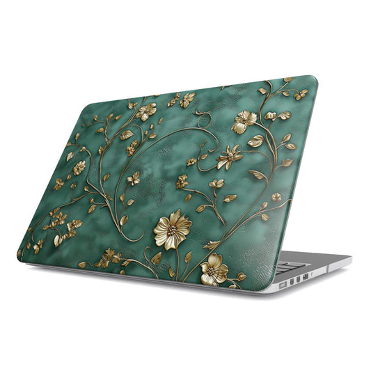 Antique Gold Blossom MacBook case — hard-shell laptop cover, angled lid view