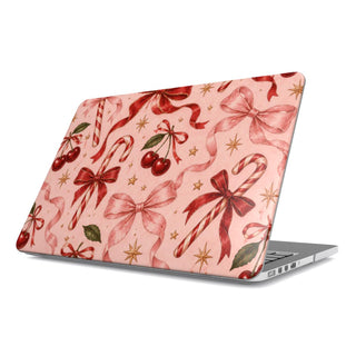 Candy Canes & Cherries MacBook case — hard-shell laptop cover, angled lid view