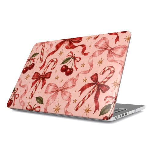 Candy Canes & Cherries MacBook case — hard-shell laptop cover, angled lid view