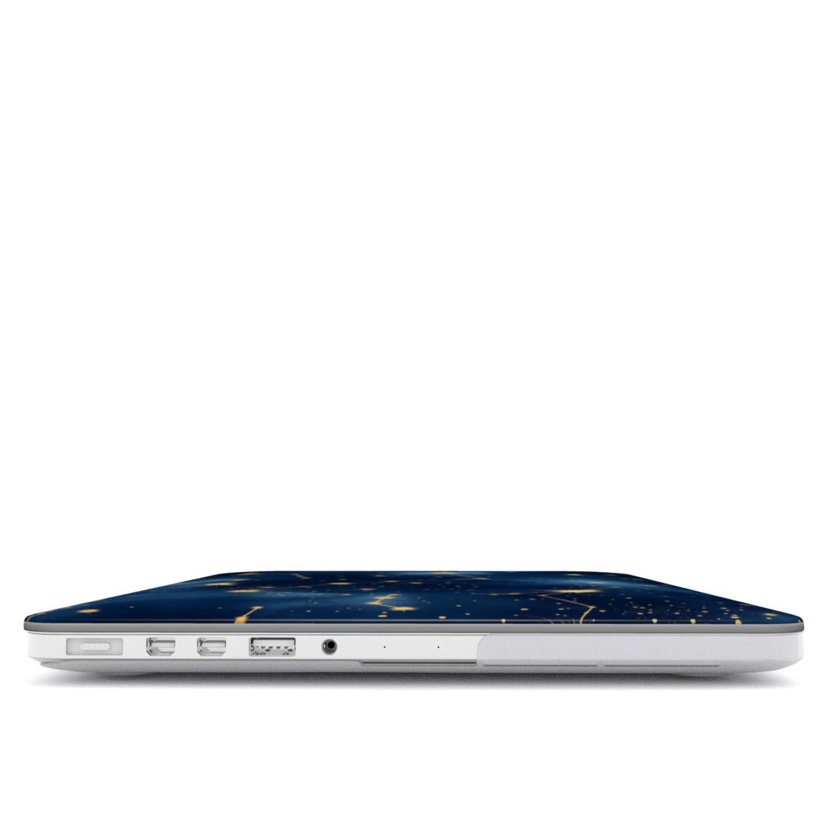 Celestial Constellations MacBook case — hard-shell laptop cover, side view with ports