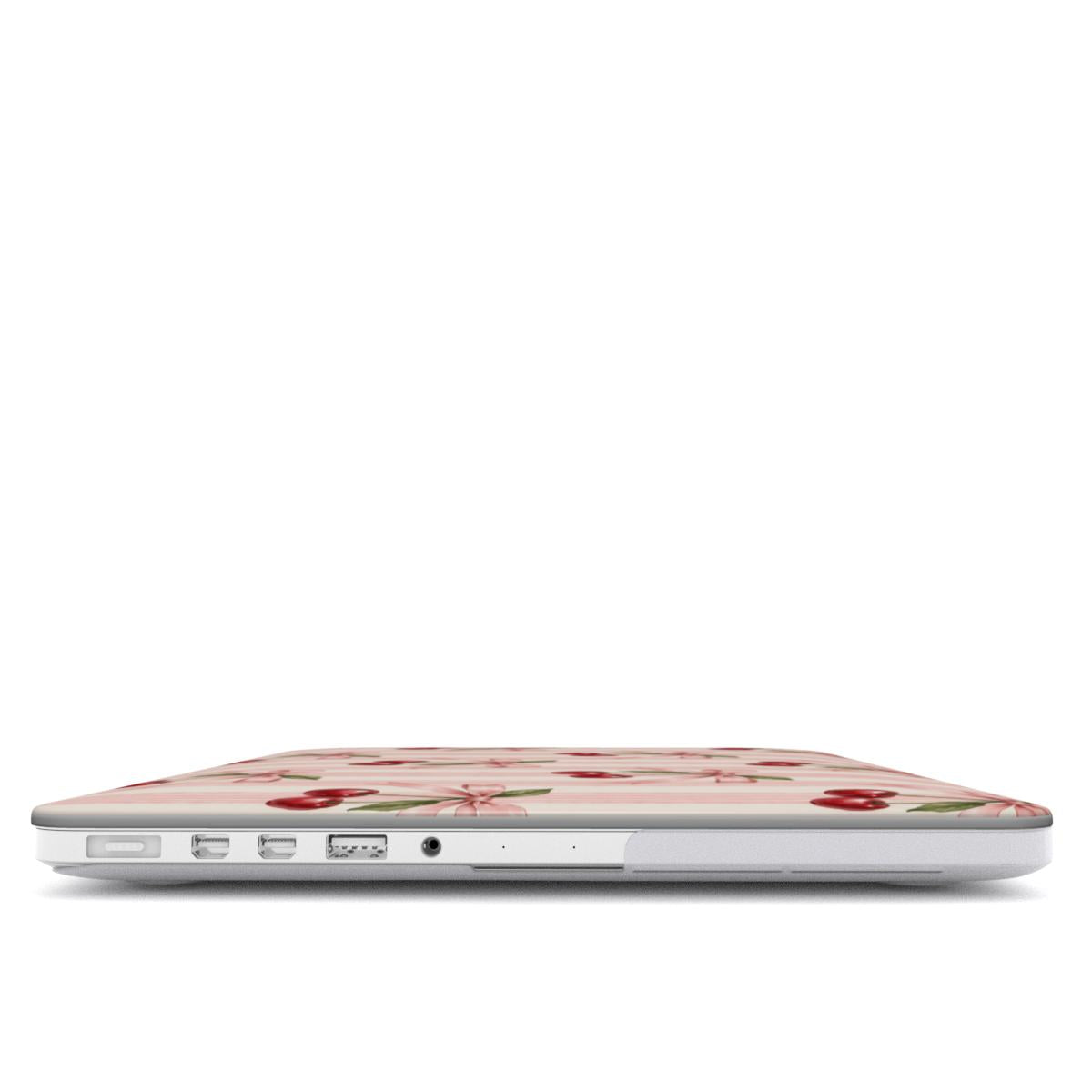 Cherry Bow Stripe MacBook case — hard-shell laptop cover, side view with ports